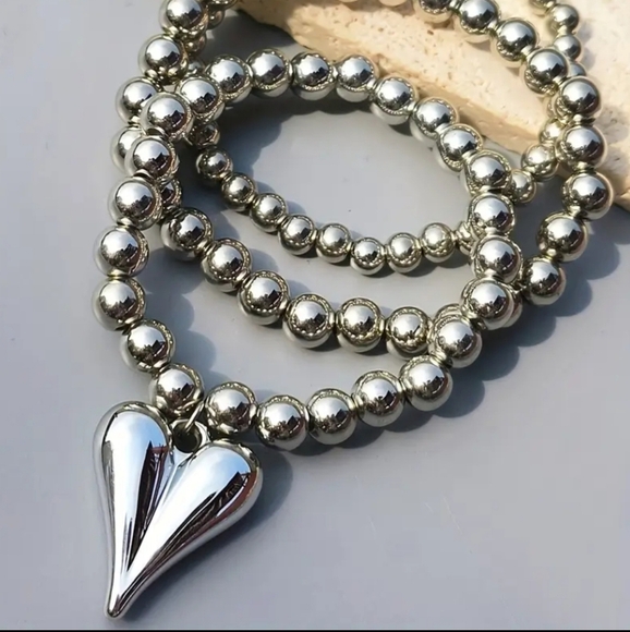 Silver Beaded Triple Strand Bracelet with Heart Pendant - Picture 1 of 1